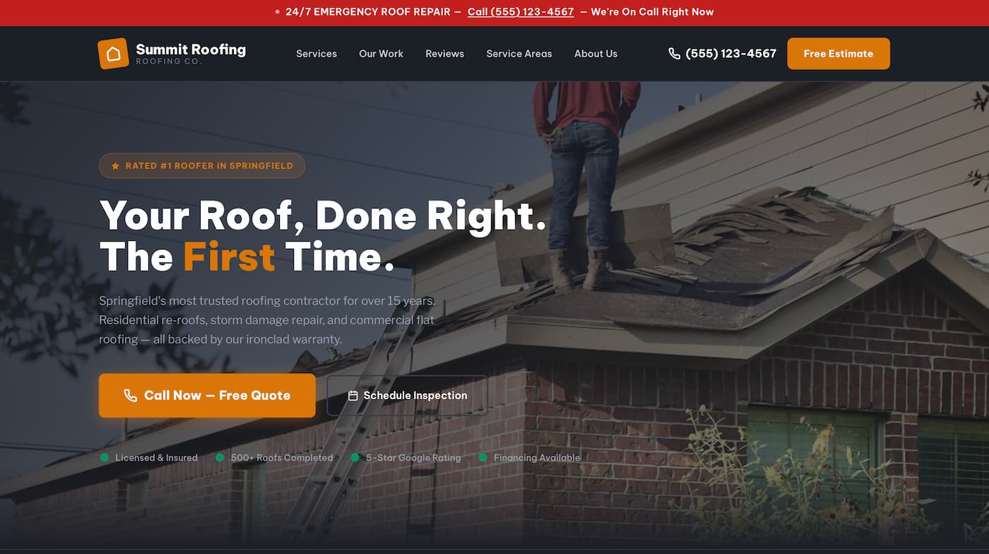 Roofing company homepage after optimization — clear value prop, prominent estimate CTA