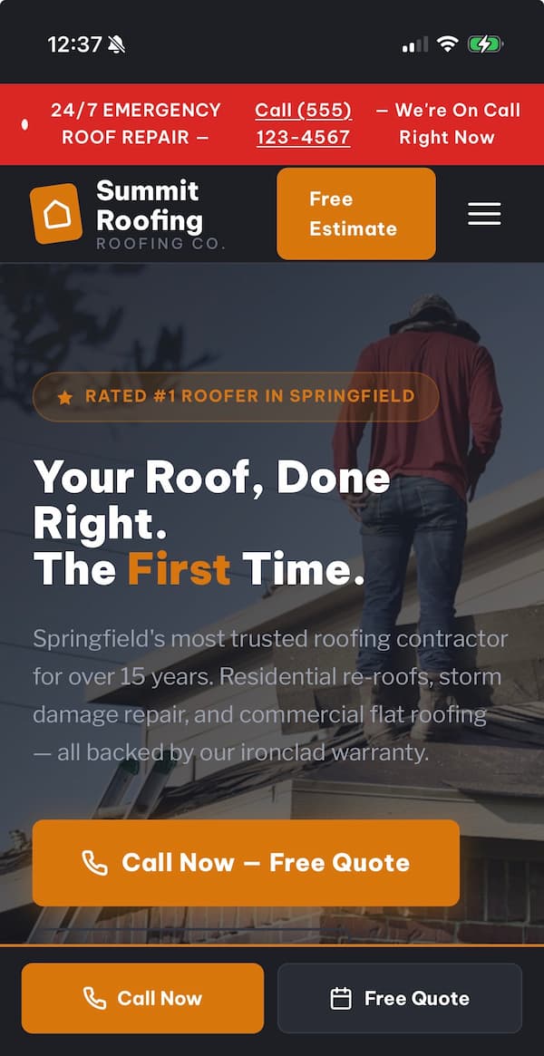 Roofing mobile site after — sticky call button, form above fold