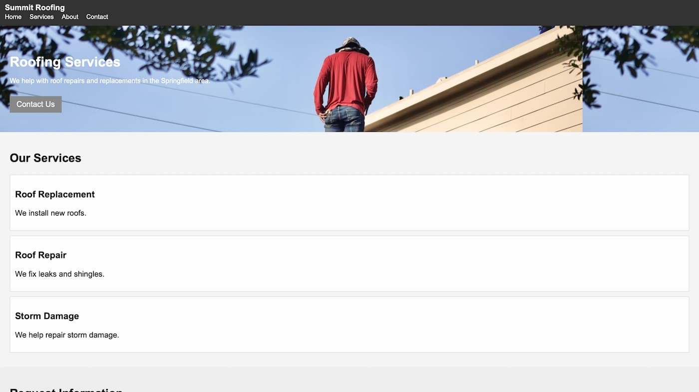 Roofing company homepage before optimization — unclear headline, no prominent CTA