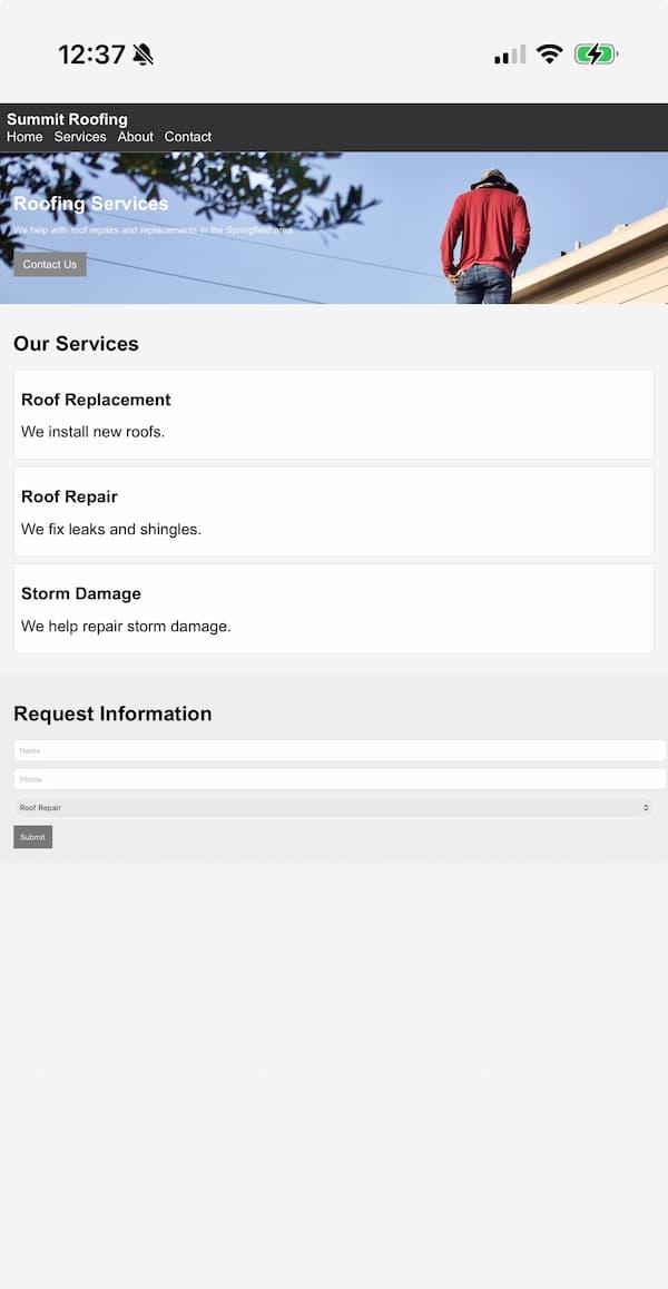 Roofing mobile site before — no tap-to-call, form buried